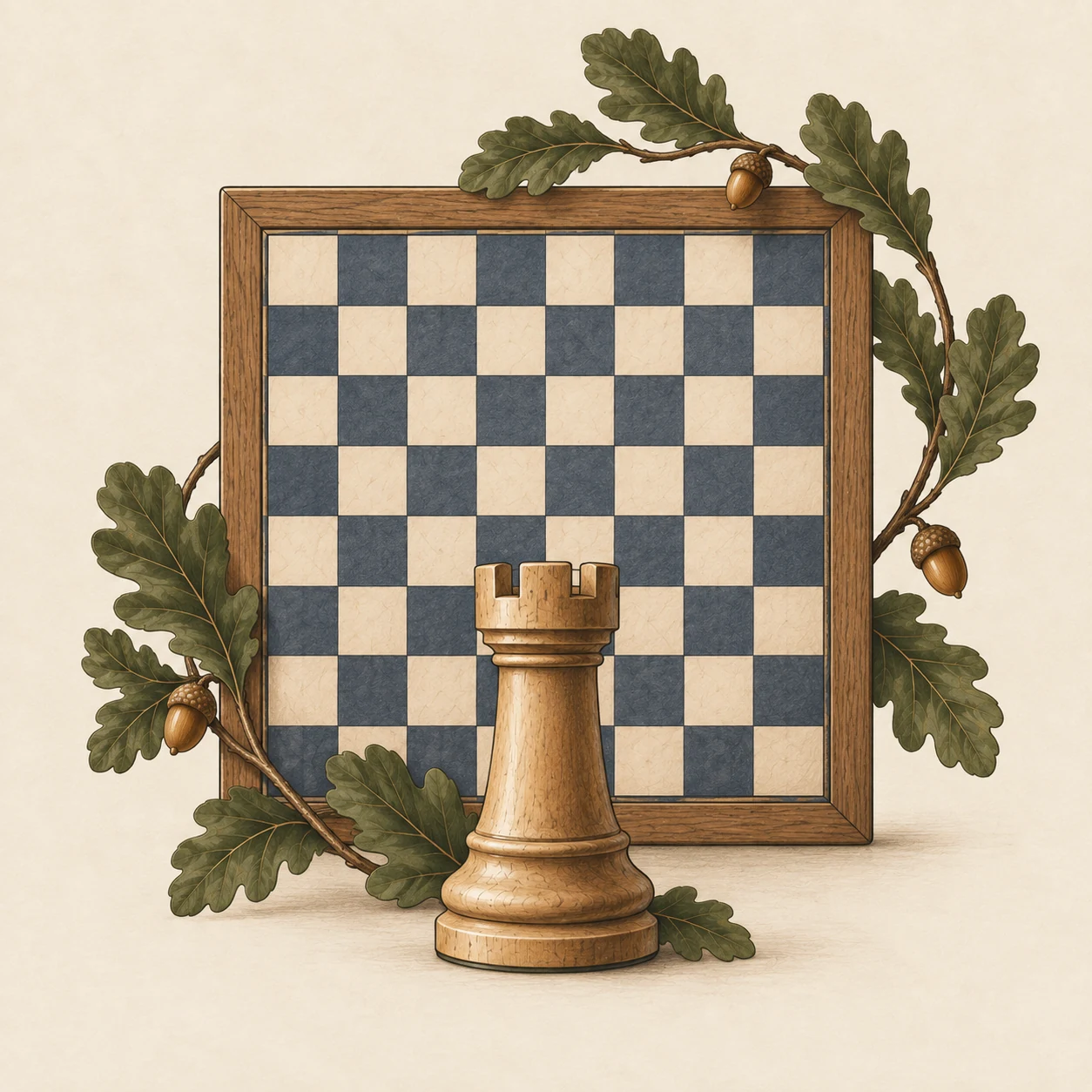 Illustration med 8x8 schackbräde, ljust trätorn och slingrande ekgren.